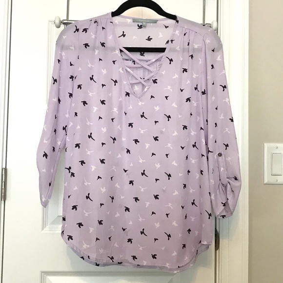 Sweet Rain Tops - Sweet Rain lilac 3/4 sleeve blouse with black & white bird print (S/M)